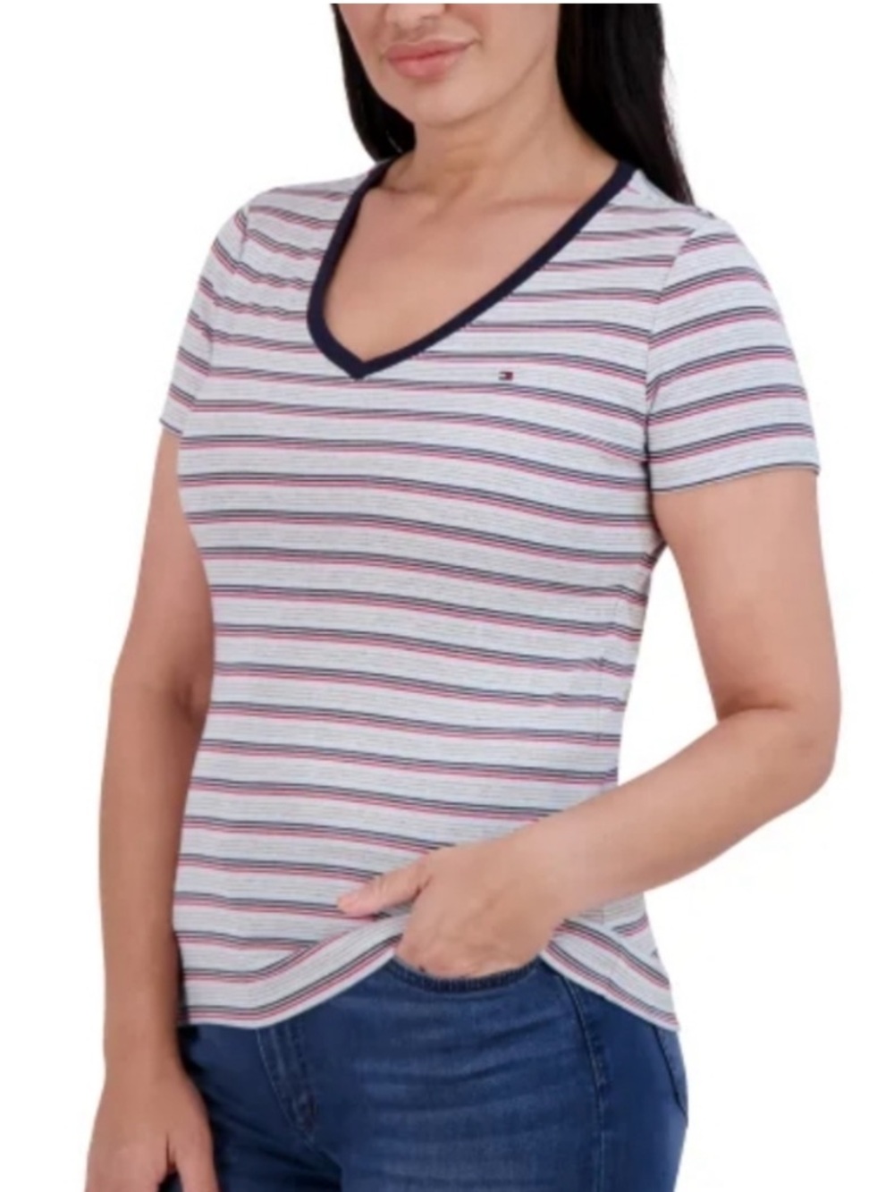 Tommy Hilfiger White V-Neck Tee with Navy Trim and Multi Stripes